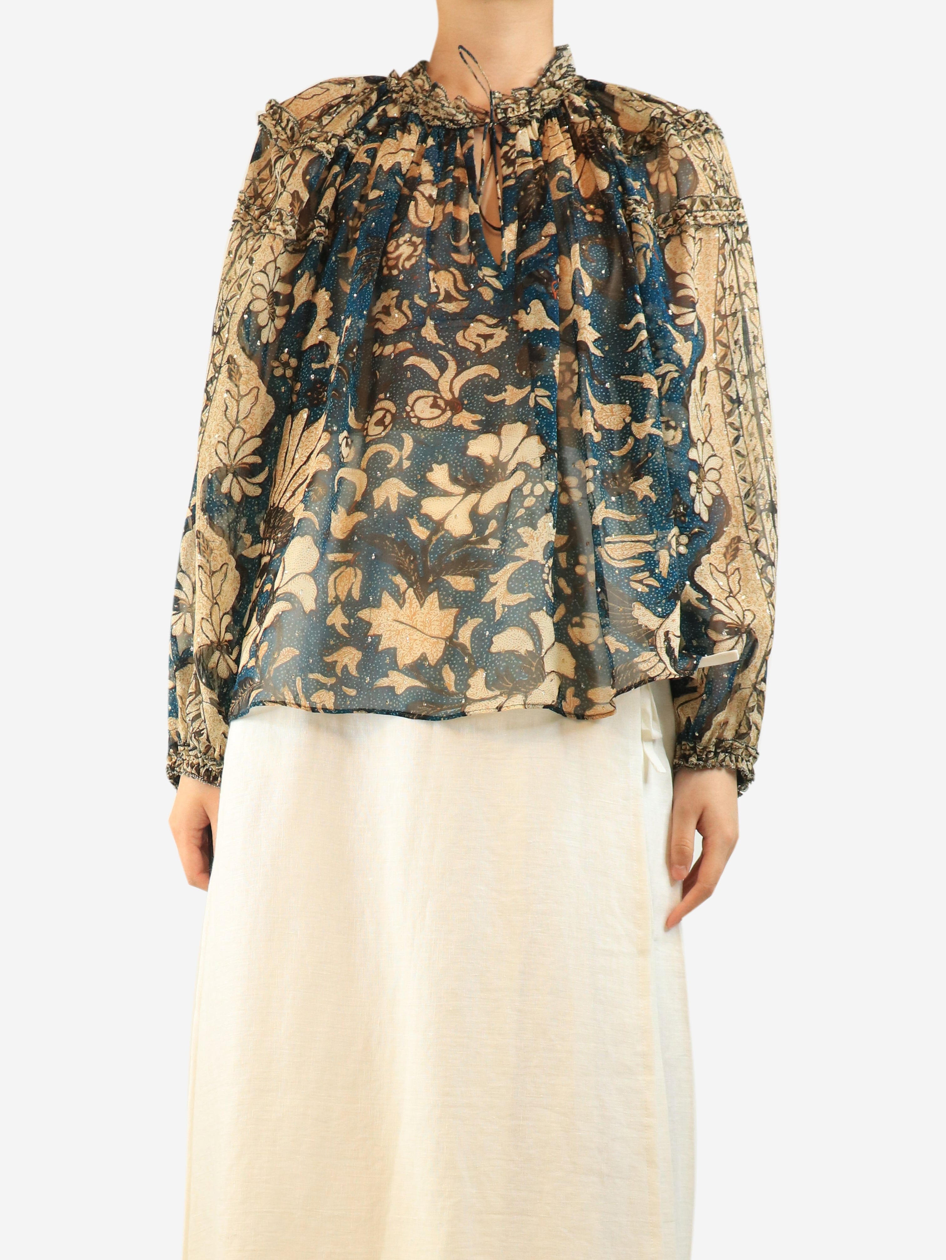 Teal and beige sheer silk floral printed blouse - size UK 20 Tops Ulla Johnson 
