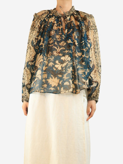 Teal and beige sheer silk floral printed blouse - size UK 20 Tops Ulla Johnson 