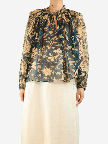 Teal and beige sheer silk floral printed blouse - size UK 20 product image