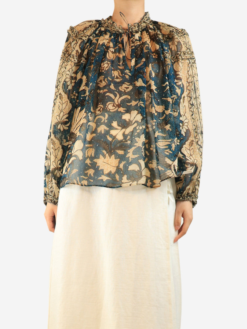 Teal and beige sheer silk floral printed blouse - size UK 20 Tops Ulla Johnson 