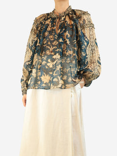 Teal and beige sheer silk floral printed blouse - size UK 20 Tops Ulla Johnson 