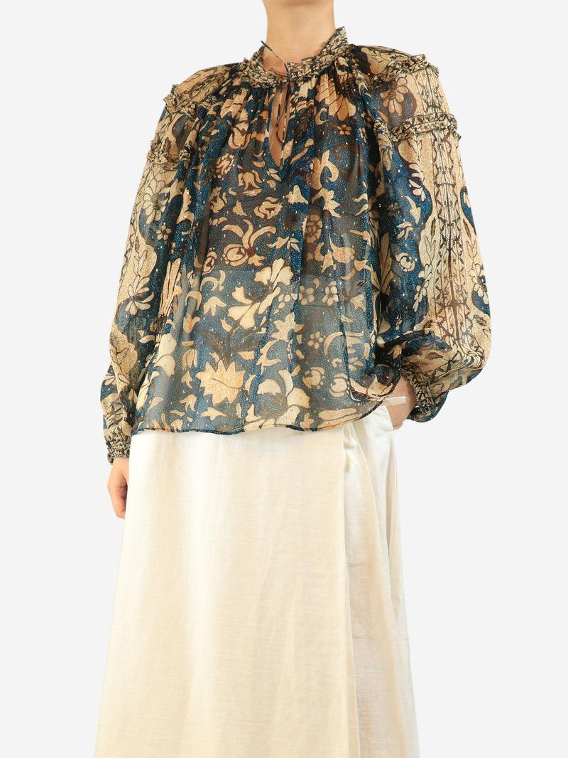 Teal and beige sheer silk floral printed blouse - size UK 20 Tops Ulla Johnson 