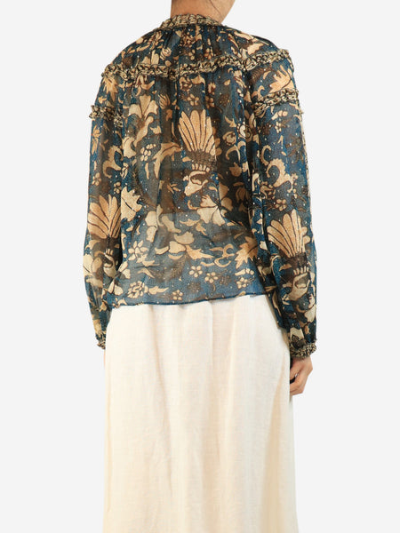 Teal and beige sheer silk floral printed blouse - size UK 20 alternate image
