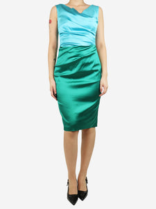 Talbot Runhof Green and blue sleeveless gathered midi dress - size UK 12