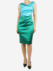 Talbot Runhof Green and blue sleeveless gathered midi dress - size UK 12