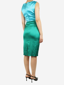 Talbot Runhof Green and blue sleeveless gathered midi dress - size UK 12