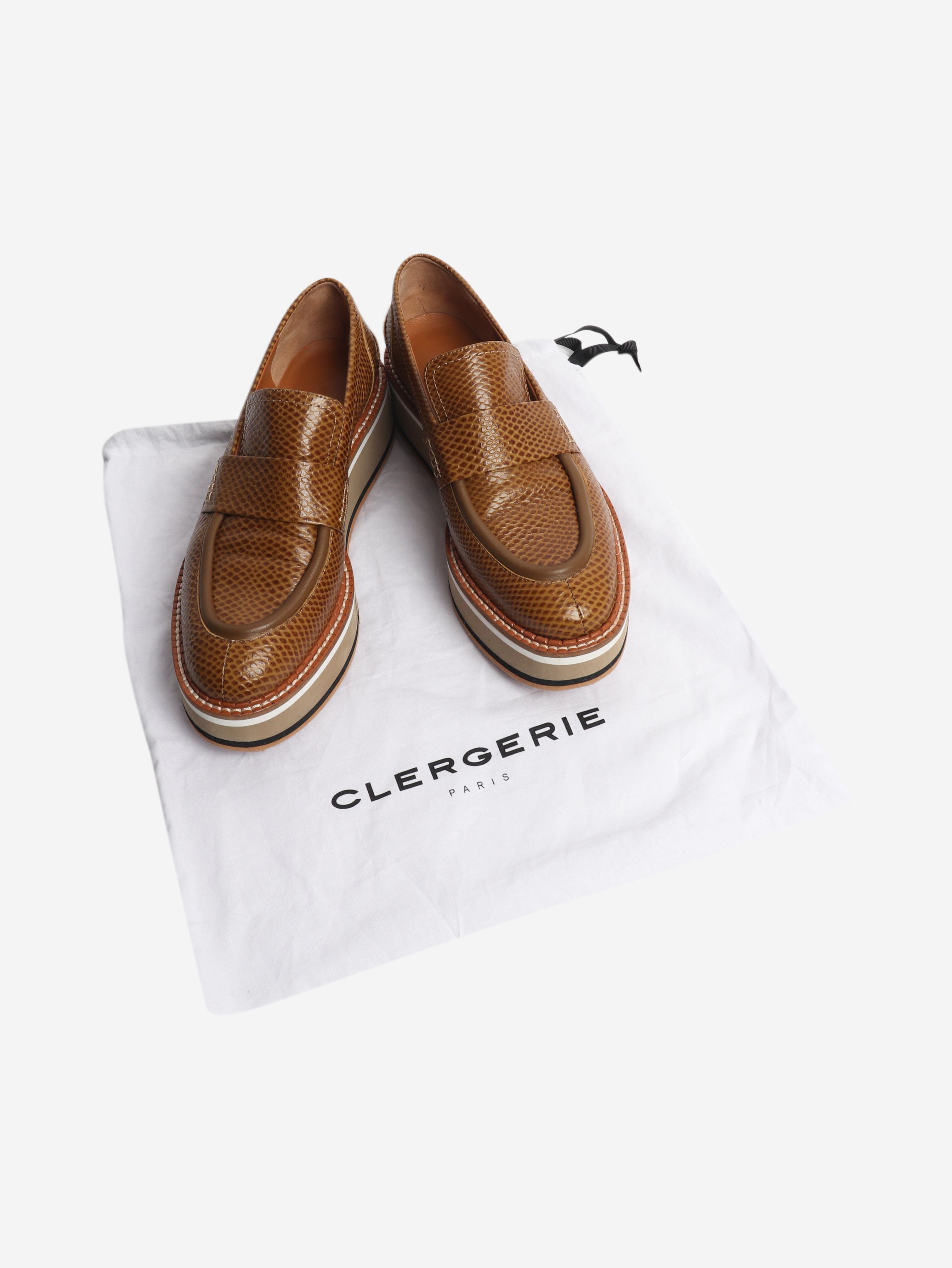 Tan snake-embossed leather platform shoes - size EU 38.5 Flat Shoes Clergerie 