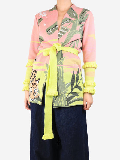 Pink and lime Drinking tiger jacquard cardigan - size XS Knitwear Hayley Menzies 