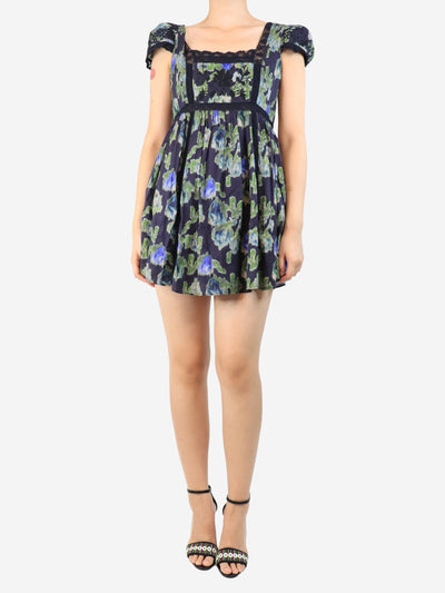 Love Shack Fancy Navy and green printed lace mini dress - size UK 8 Dresses Love Shack Fancy 