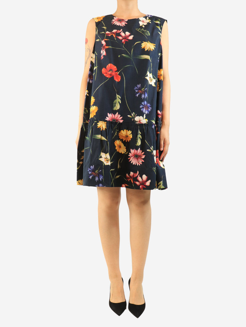 Navy sleeveless cotton floral dress - size UK 18 Dresses Oscar De La Renta 