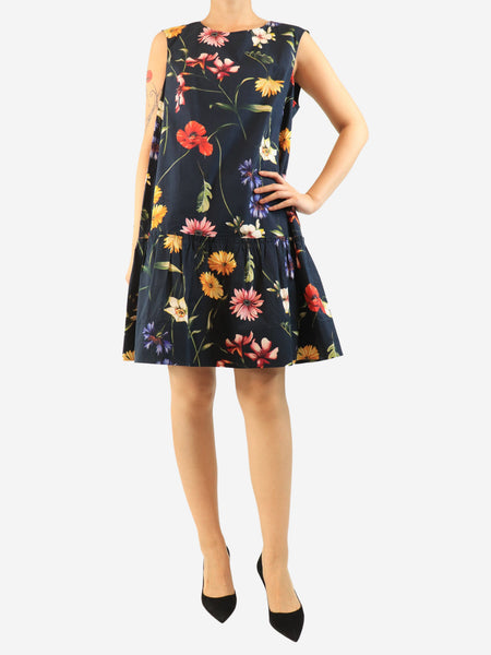 Navy sleeveless cotton floral dress - size UK 18 product image