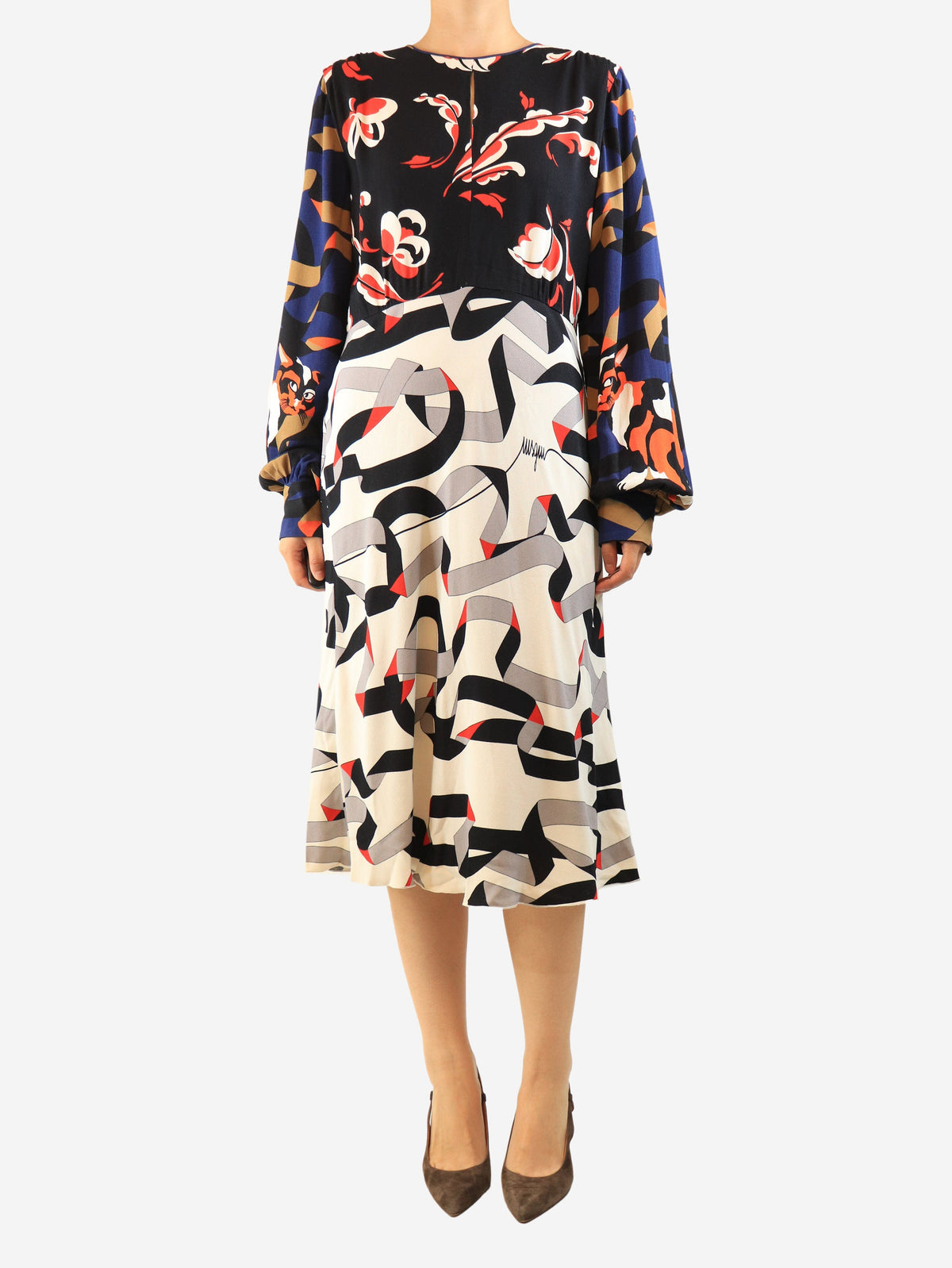 Multicolour printed crepe midi dress - size UK 16 Dresses MSGM 