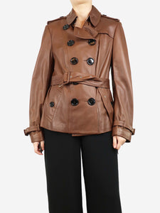 Burberry Brown double-breasted belted leather jacket - size UK 16