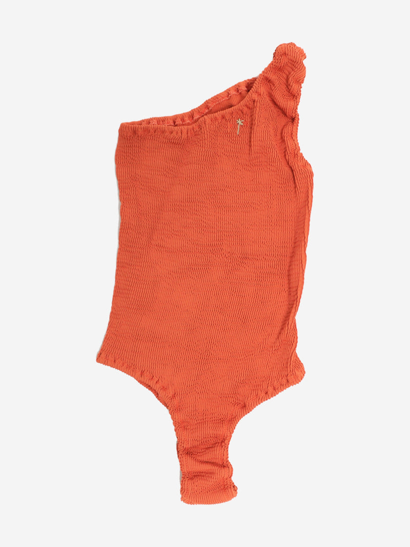 rust seersucker one shoulder swimsuit