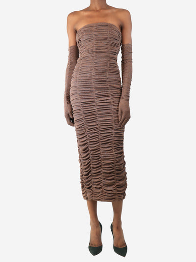 Mocha brown glittery ruched bodycon dress with gloves - size UK 6 Dresses Sau Lee 