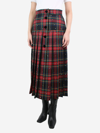 Red crystal-embellished pleated wool tartan midi skirt - size UK 10 Skirts Miu Miu 