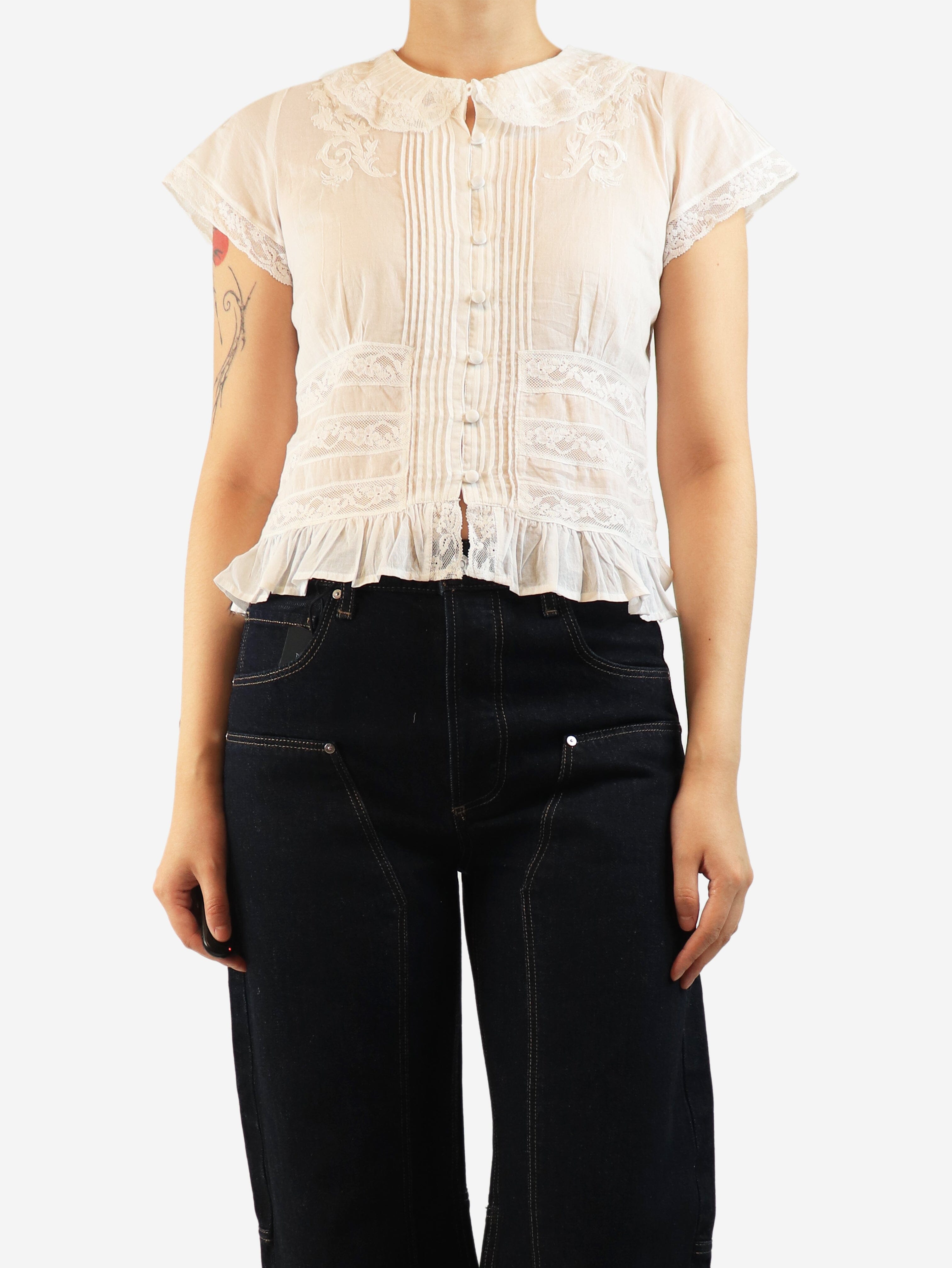 White lace-trim top - size UK 6 Tops Brora x Skye 