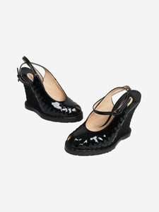 Bottega Veneta Black patent peep-toe wedge heels - size EU 39