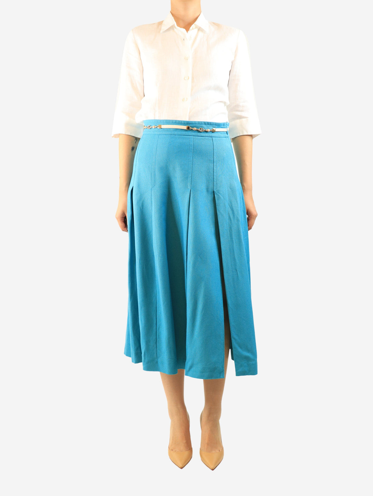 Blue chain-detail midi skirt - size UK 12