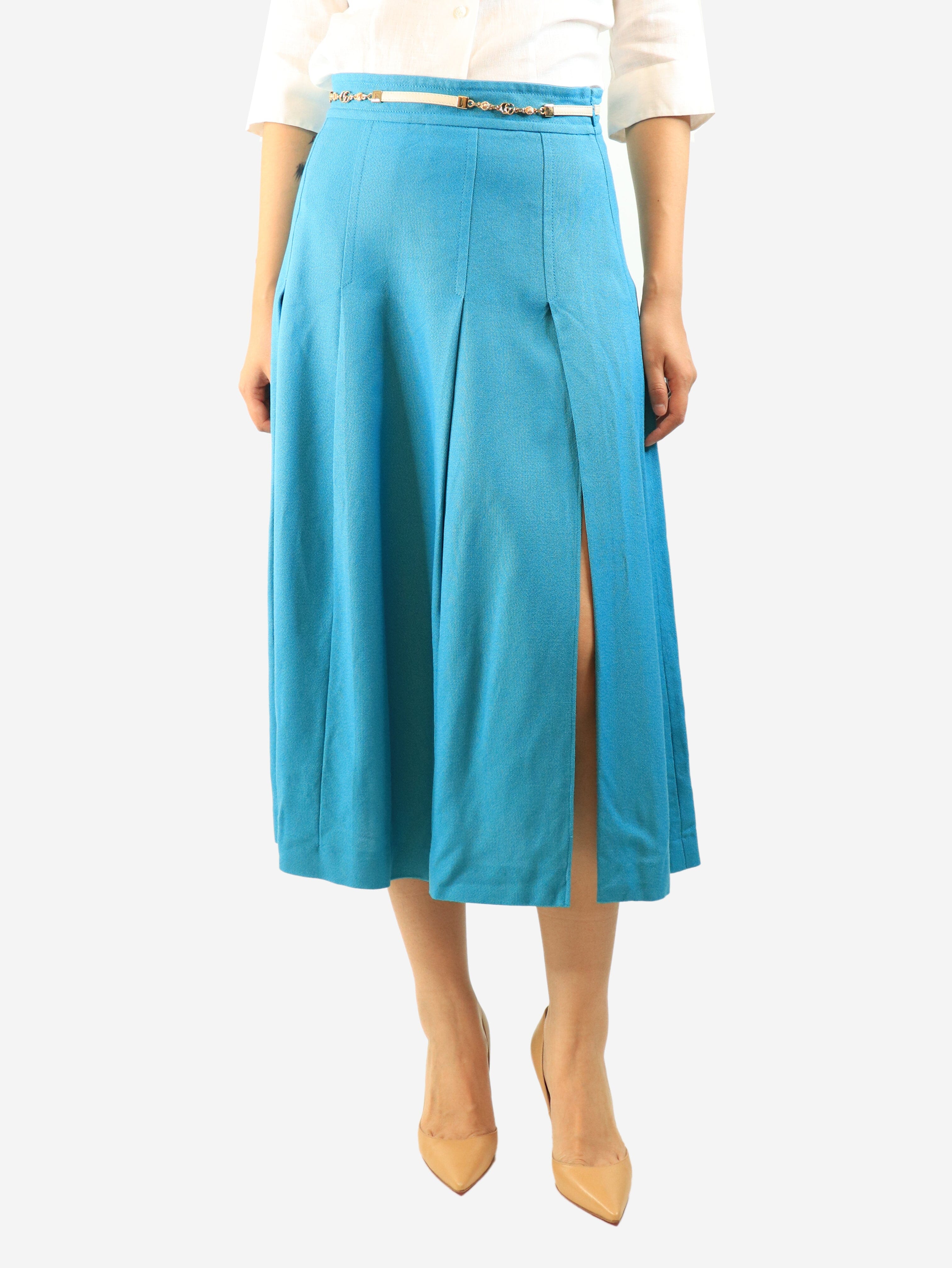 Blue chain-detail midi skirt - size UK 12