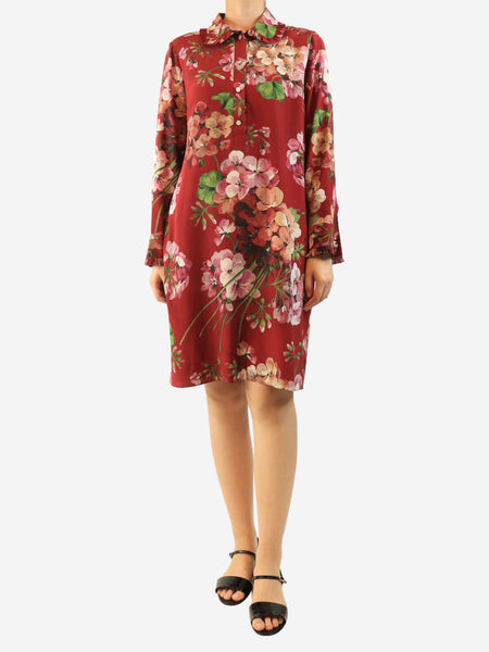 Maroon floral silk midi dress - size UK 12 product image