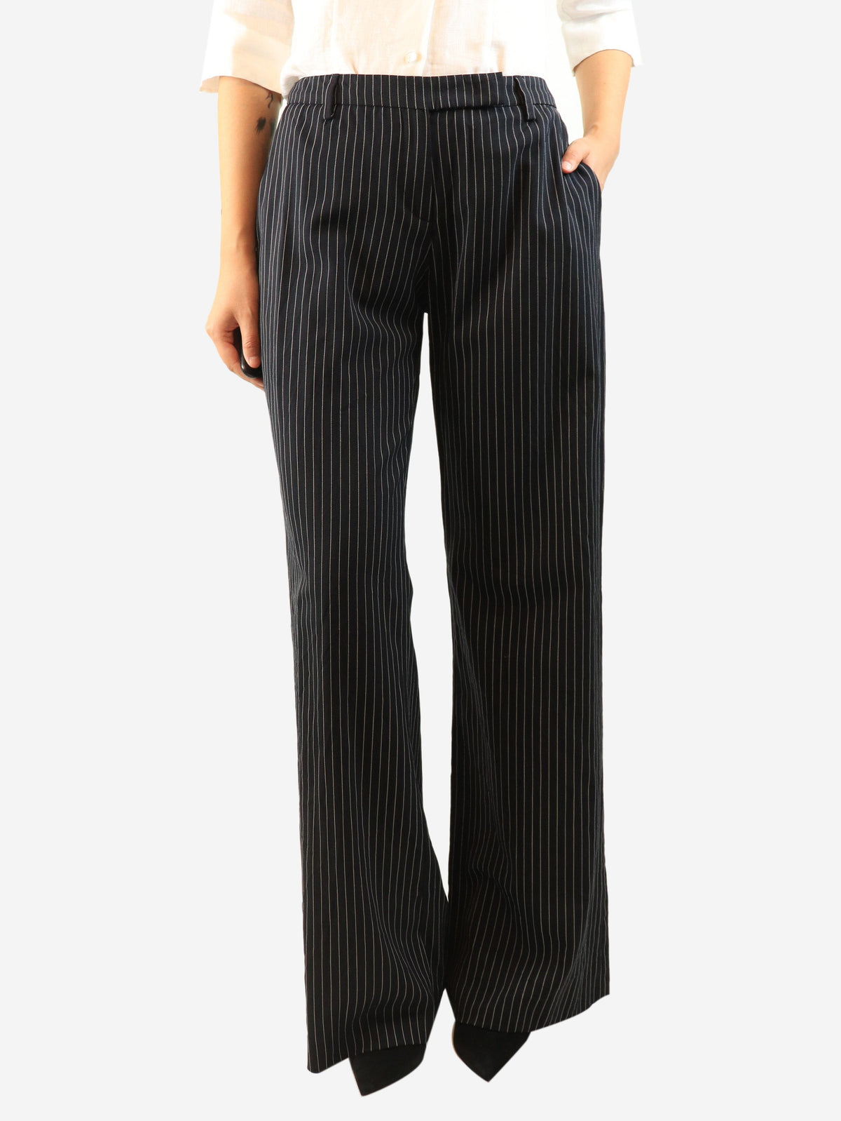 Navy pinstripe trousers - size UK 12