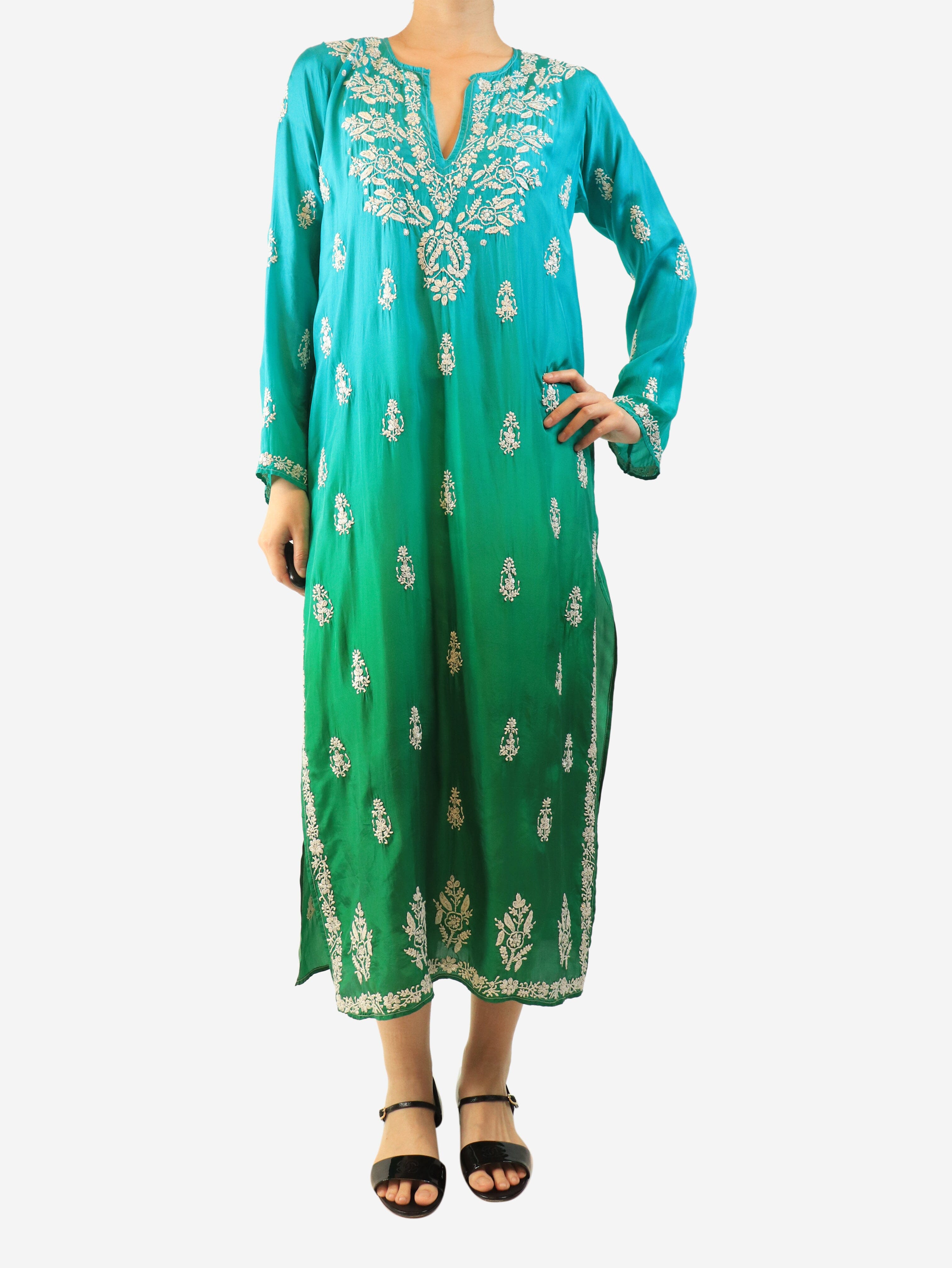 Green silk embroidered dress - Size M Dresses Juliet Dunn 