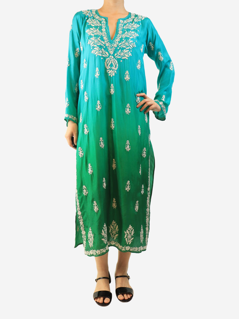 Green silk embroidered dress - Size M Dresses Juliet Dunn 