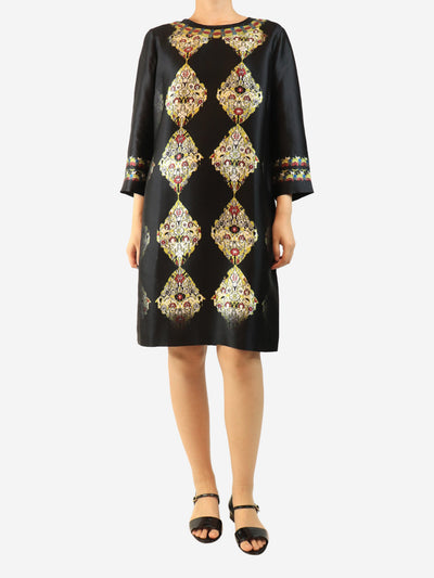 Black 3/4 sleeve abstract diamond print satin dress - size UK 14 Dresses Etro 