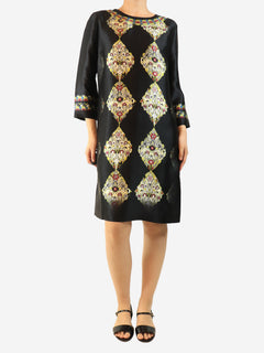 Black 3/4 sleeve abstract diamond print satin dress - size UK 14 Dresses Etro 