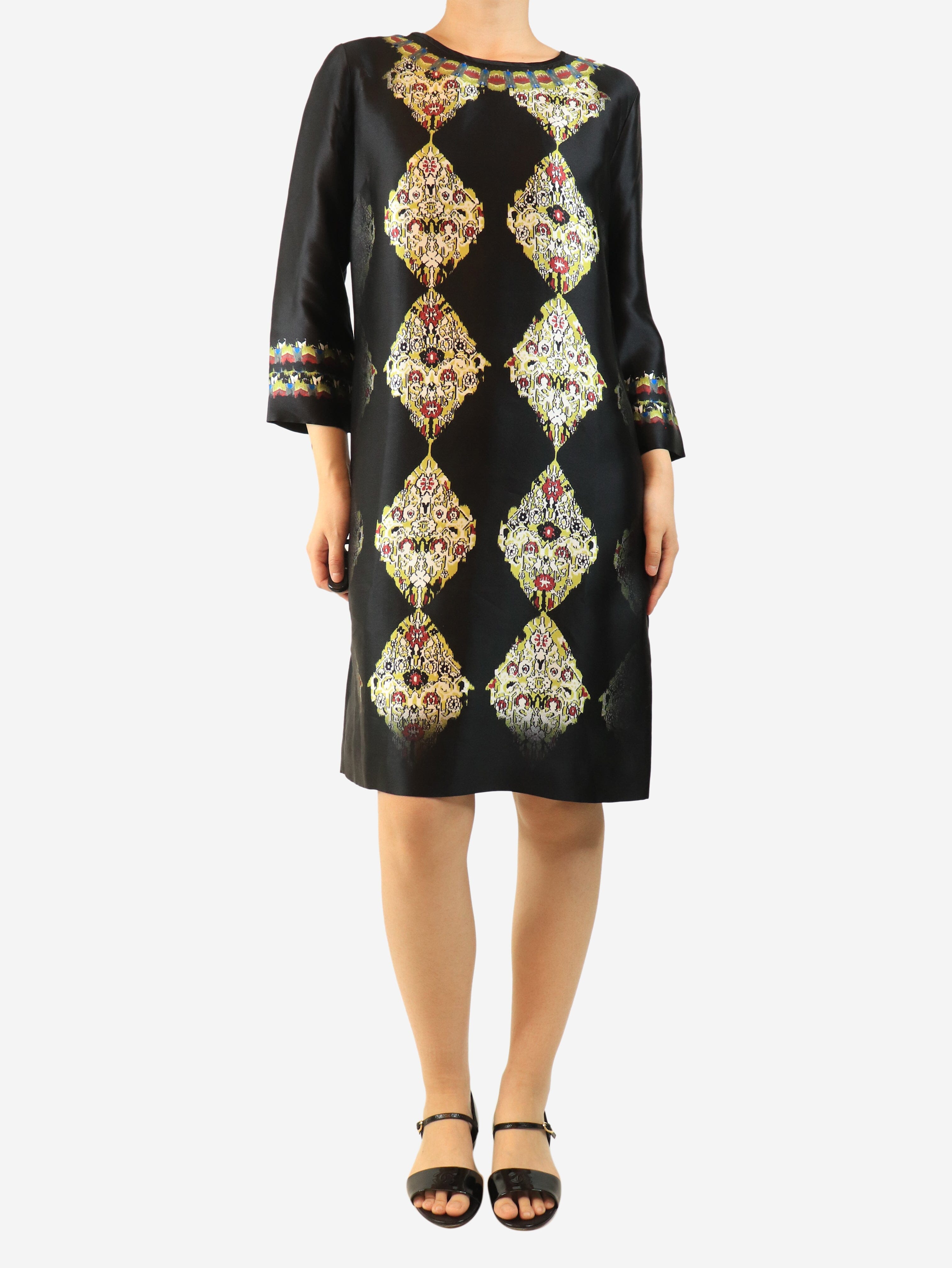Black 3/4 sleeve abstract diamond print satin dress - size UK 14 Dresses Etro 