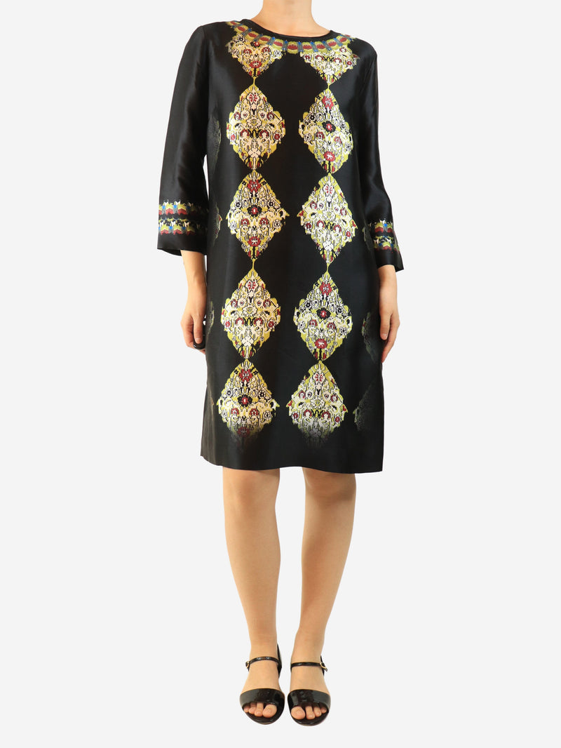 Black 3/4 sleeve abstract diamond print satin dress - size UK 14 Dresses Etro 