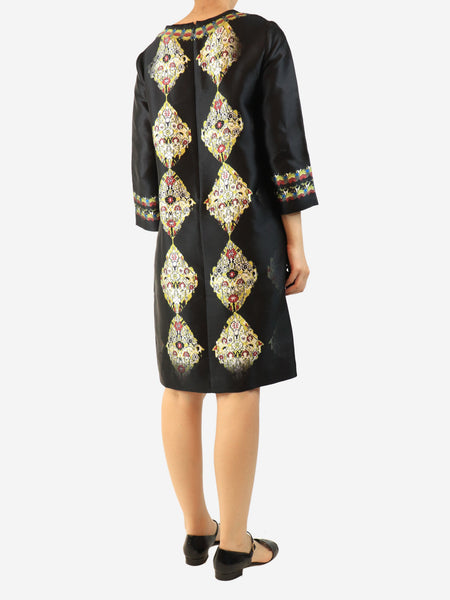 Black 3/4 sleeve abstract diamond print satin dress - size UK 14 alternate image