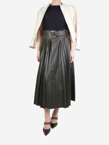 Dodo Bar Or Green leather pleated midi skirt - size UK 8