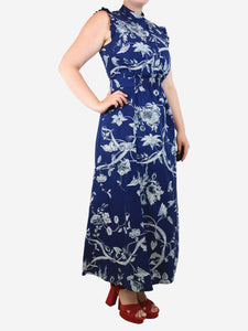 Erdem Blue sleeveless ruffled floral midi dress - size UK 12