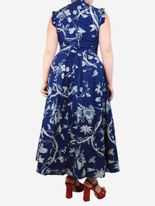 Erdem Blue sleeveless ruffled floral midi dress - size UK 12