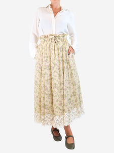 Christian Dior Pale yellow floral lace-trimmed maxi skirt - size UK 8