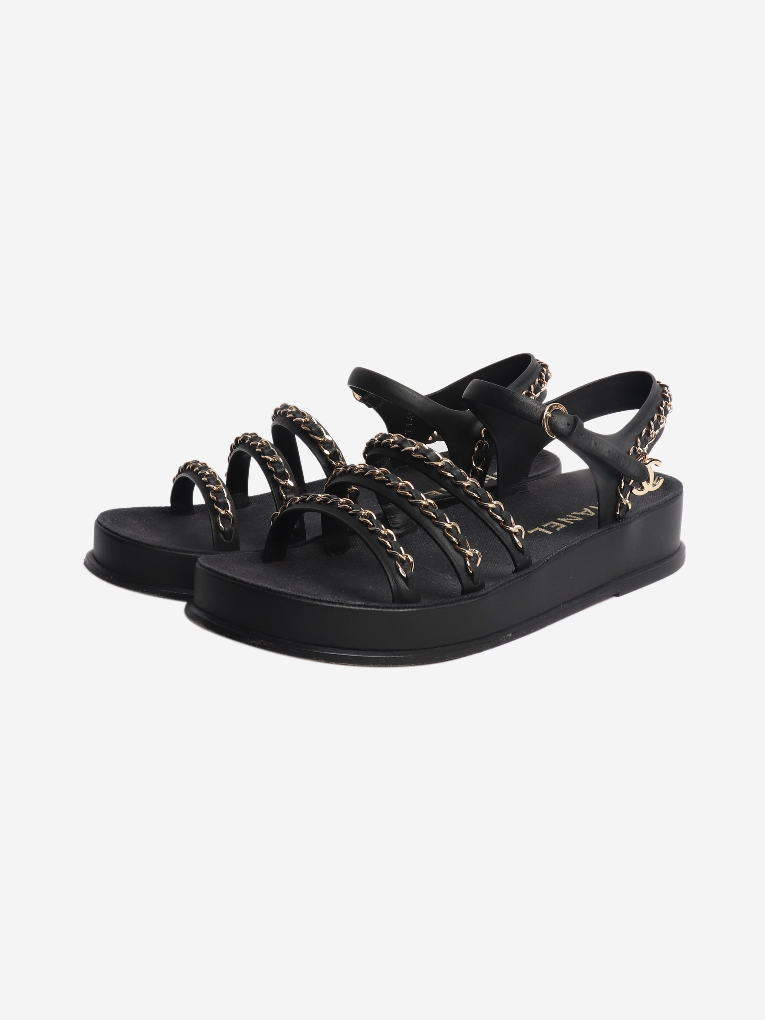 Black chain-strap leather sandals - size EU 39 Flat Sandals Chanel 