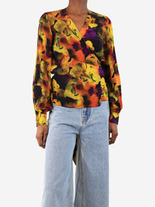 Ganni Multi silk-blend wrap top - size UK 6