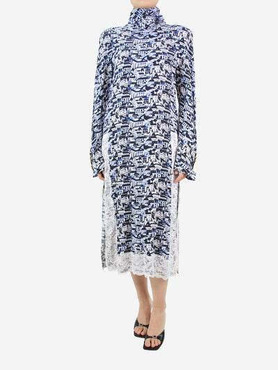 Blue high-neck printed dress with lace trim - size FR 36 Dresses Rowen Rose 