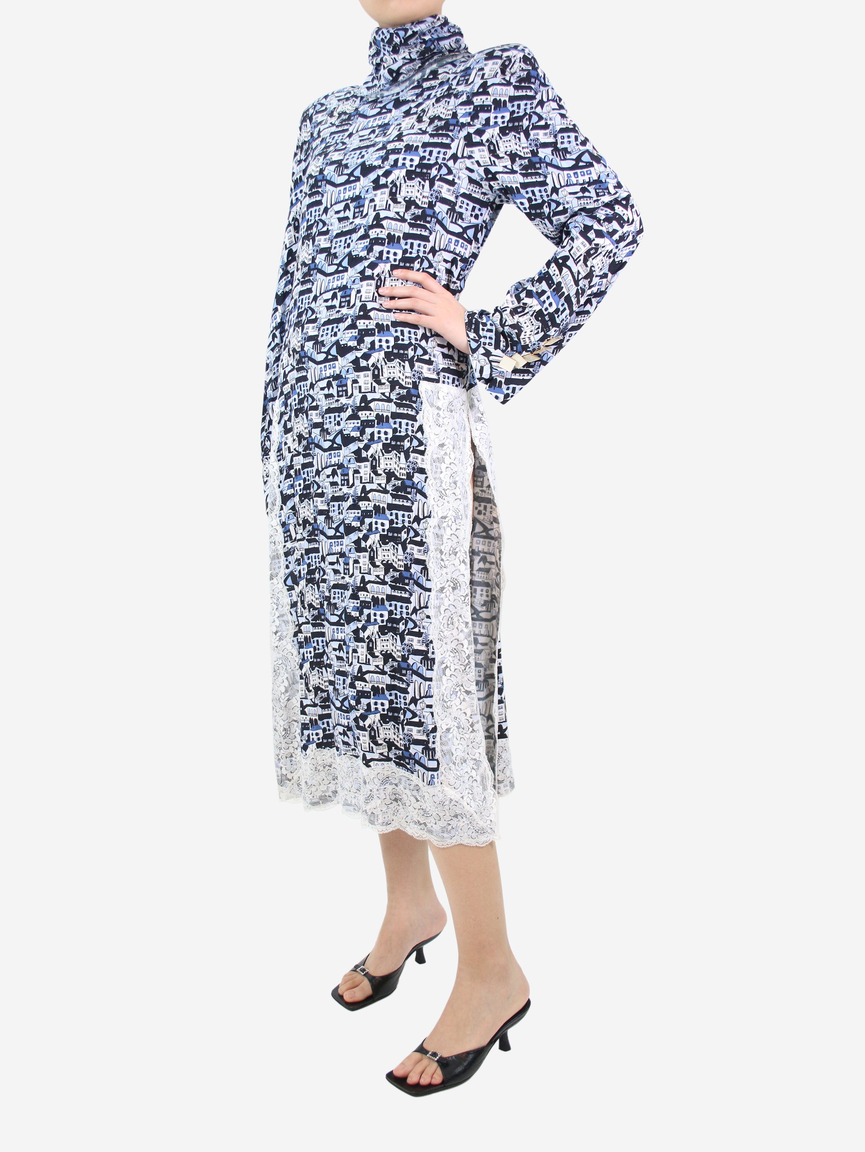 Blue high-neck printed dress with lace trim - size FR 36 Dresses Rowen Rose 