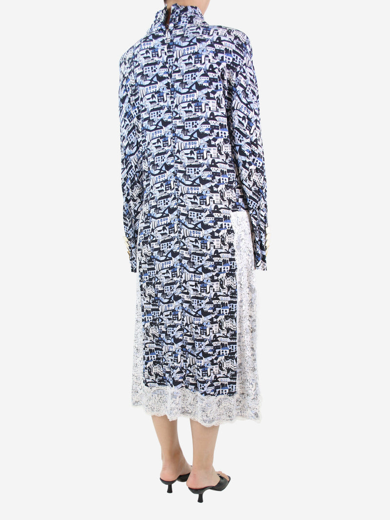 Blue high-neck printed dress with lace trim - size FR 36 Dresses Rowen Rose 