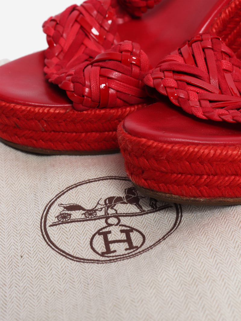 Red braided leather raffia wedges - size EU 39 (UK 6) Heels Hermes 