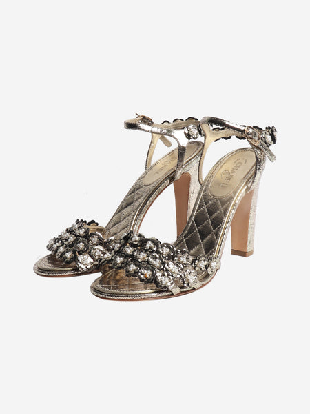 Gold metallic faux-pearl embellished sandal heels - size EU 39 alternate image