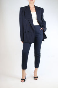 Saint Laurent Blue padded-shoulders pinstriped wool blazer - size UK 14