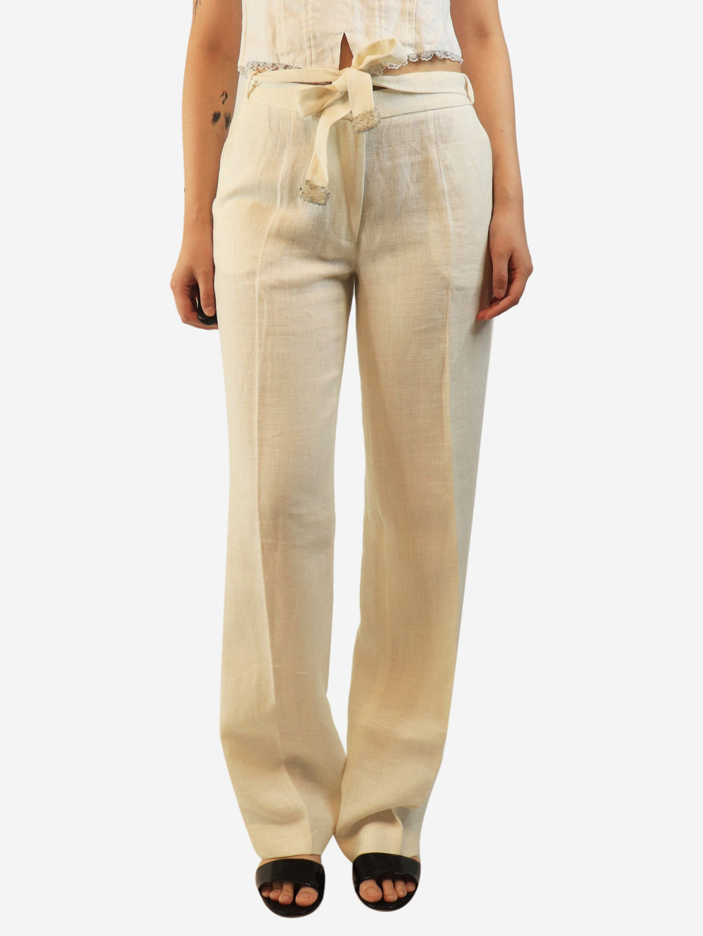 White belted linen trousers - size UK 8 Trousers Lorena Antoniazzi 