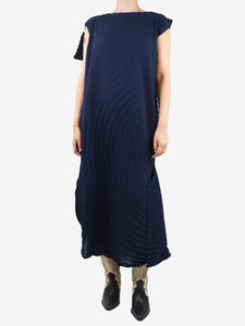 Issey Miyake Dark blue sleeveless pleated asymmetric dress - size UK 10