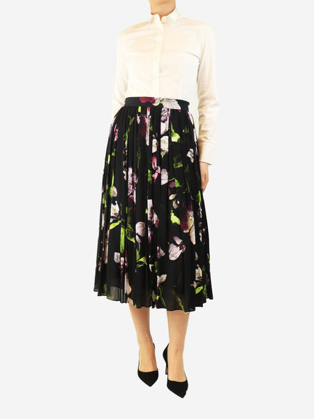Black floral pleated midi skirt - size UK 10 alternate image