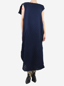 Issey Miyake Dark blue sleeveless pleated asymmetric dress - size UK 10