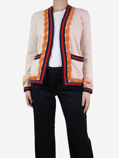 Cream crystal embellished and floral embroidered wool cardigan - size XS Knitwear Gucci 